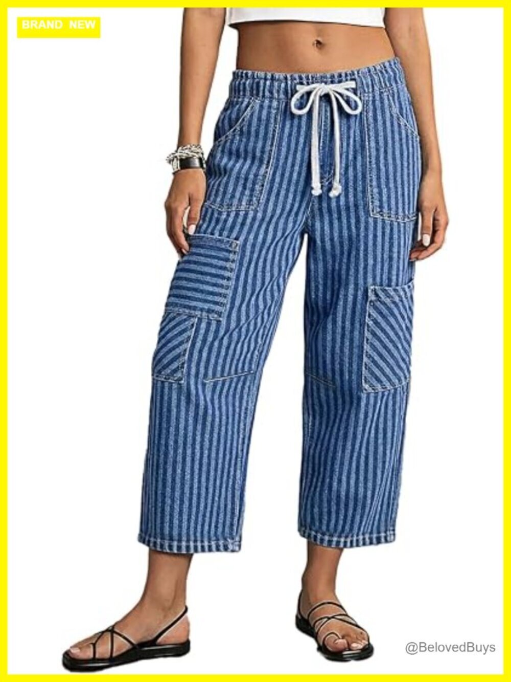 Mid Rise Barrel Leg Drawstring Crop Jeans Stretchy Striped Patch Pocket Denim